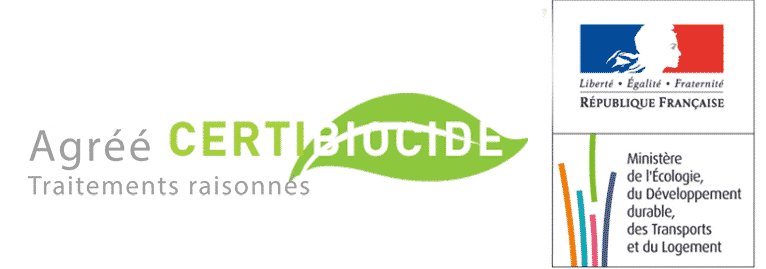 Logo Certibiocide pour traitement raisonné et logo officiel du Ministère de l'Écologie français. Cliquez pour en savoir plus